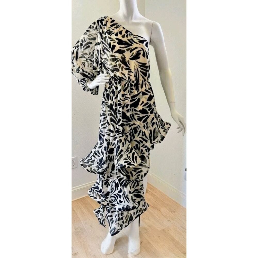 Alexis NWT Cream & Black Botanical Dress | Flowing Asymmetrical Luxe Size Small - Picture 3 of 9